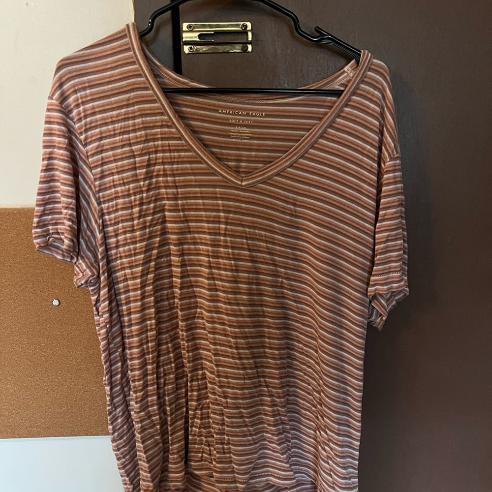 American Eagle Soft&Sexy Brown Striped Short Sleeve Tee